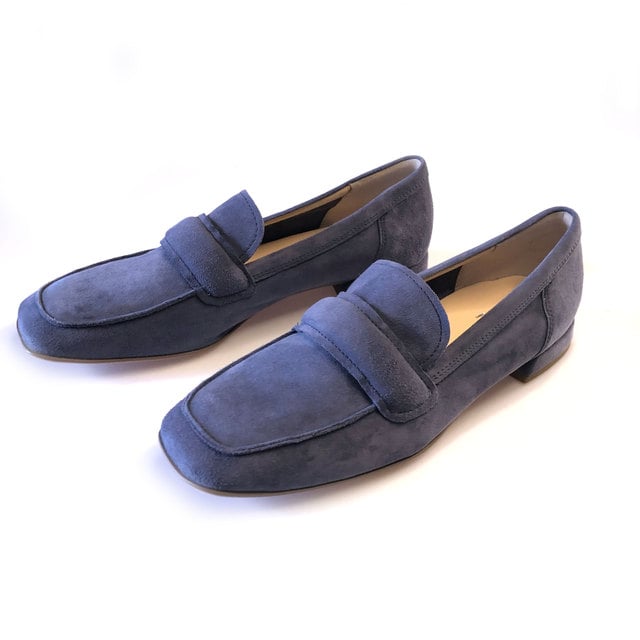 Blue Suede Penny Loafers