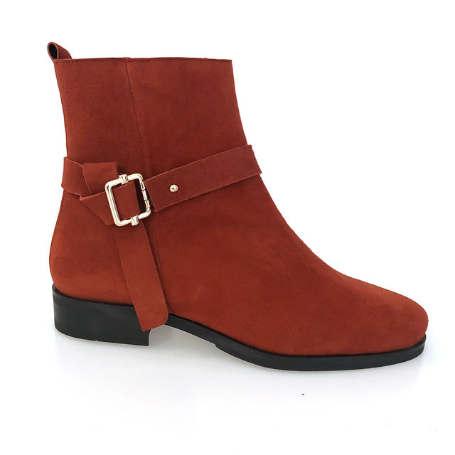 terracotta suede flat ankle boots with ankle strap Thumbnail
