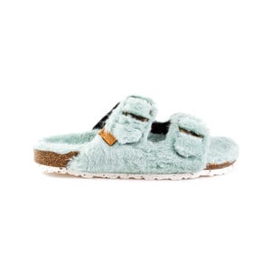 faux fur buckle cork sole slider slipper