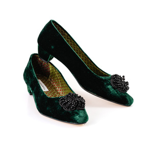 green velvet mid heel court shoes