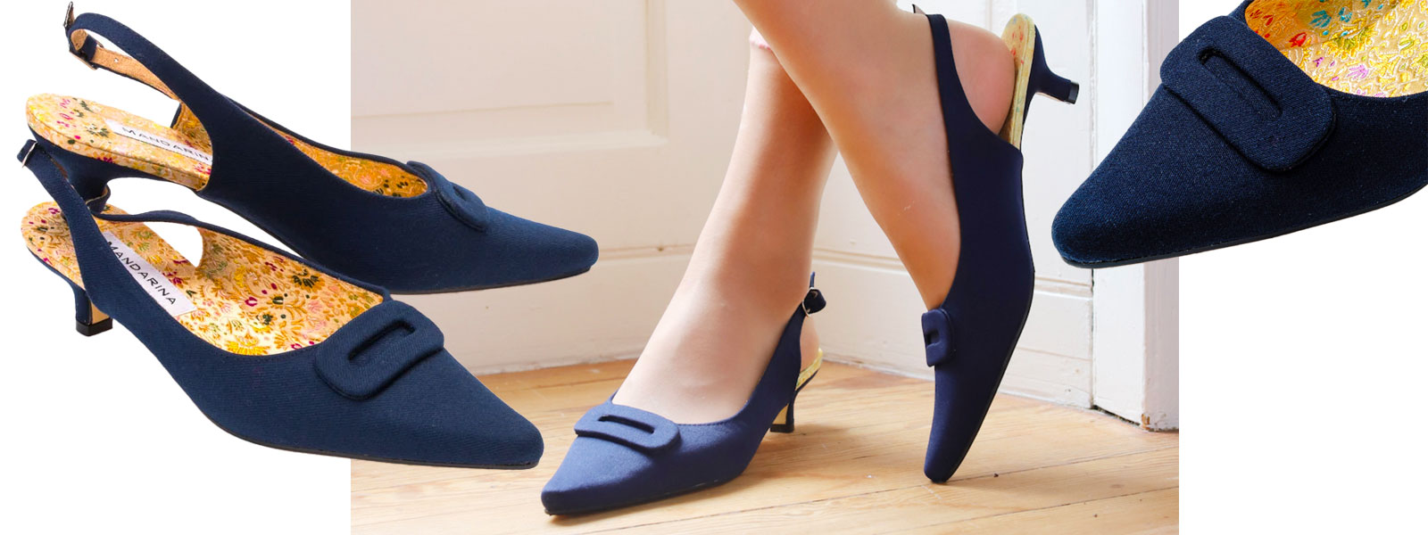 Navy Sling Back Kitten Heels